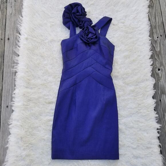 Ruffle Shoulder Cocktail Dress Cache Size 2 Sleeveless Blue Stretch Formal Rose - Picture 10 of 10